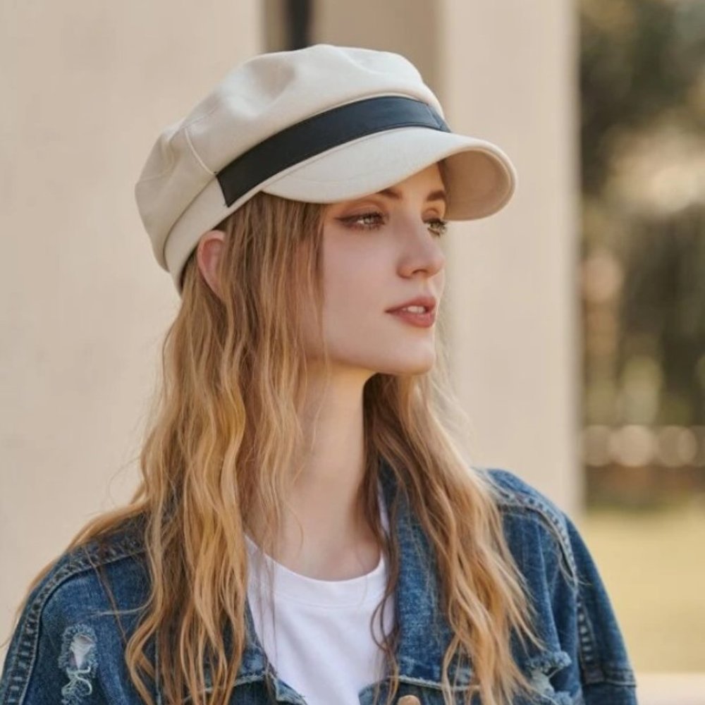 White Women's Beret Hat w/ Chain Decorated Peaked Cap Newspaper Hat Vintage - Picture 4 of 10